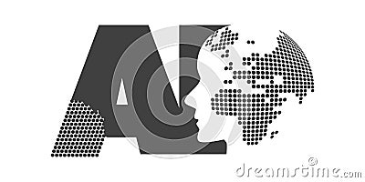 Black and White Machine Learning, Artificial Intelligence, Cloud Computing and Global Networks Design Concept with Dotted Earth Vector Illustration