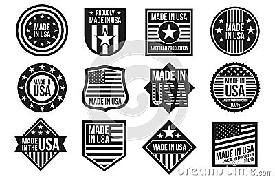 Black and white made in USA badges, banners and labels vector isolated on white background Vector Illustration