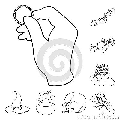 Black and white magic outline icons in set collection for design. Attributes and sorceress accessories vector symbol Vector Illustration