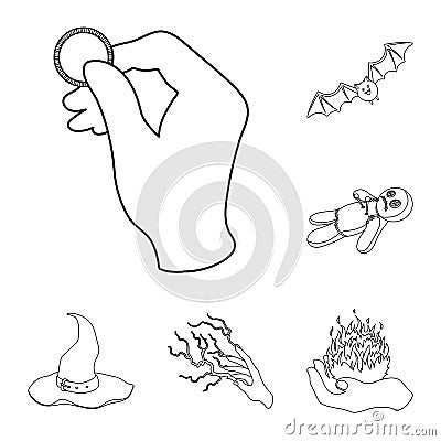 Black and white magic outline icons in set collection for design. Attributes and sorceress accessories vector symbol Vector Illustration