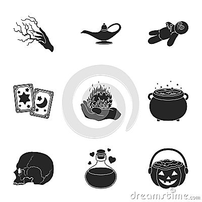 Black and white magic set icons in black style. Big collection of black and white Vector Illustration