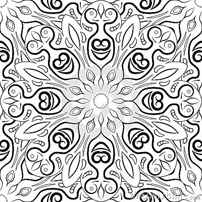 Black and white mandala pattern. Monochrome background with ornament. Hand-drawn vector illustration. Anti stress Vector Illustration