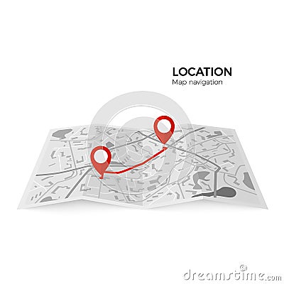 Black and white map with red pointers of the starting point of the route and the final. GPS navigator Vector Illustration