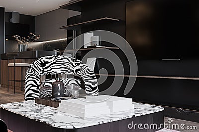 Black and White Marble Coffee table with Books and Glass and drinks in a living room, 3D rendering Stock Photo