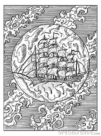 Black and white marine illustration with old sailing ship or sailboat against full moon and clouds Vector Illustration