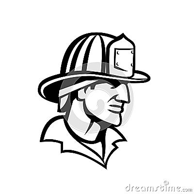 Head of American Firefighter Fireman Looking Side Mascot Black and White Vector Illustration