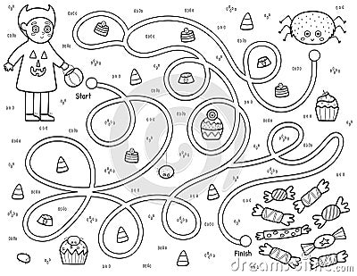 Black and white maze game for kids. Help a cute boy in devil costume find path to the sweets Vector Illustration