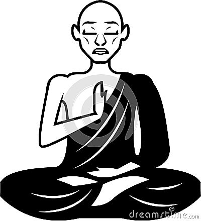 Black and White Meditating Monk Vector Vector Illustration