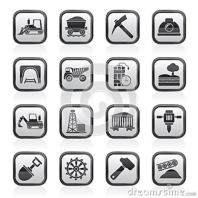 Black and white mining and quarrying industry icons Vector Illustration