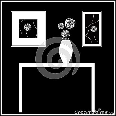 Black and White Mod StillLife of Vase and Flowers Vector Illustration