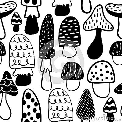 Black and white modern mushroom seamless pattern. Vector modern doodle background. Vector Illustration