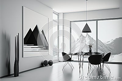 Black and white modern room interior, illustration generated by midjourney ai Cartoon Illustration