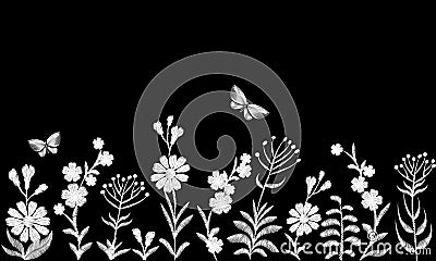 Black and white monochrome field flower embroidery. Traditional vintage decoration seamless border. Field rustic daisy Vector Illustration