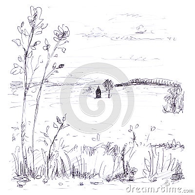 Black and white monochrome outline scetch field nature summer house landscape view sky drawing black outlines on white background Stock Photo