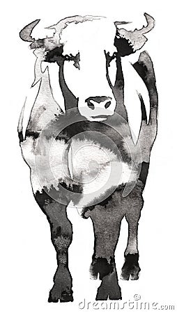 Black and white monochrome painting with water and ink draw bull illustration Cartoon Illustration