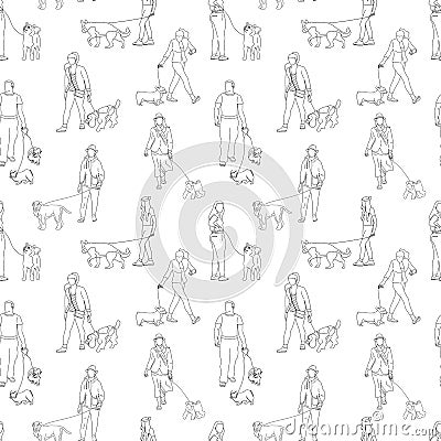 Black and white monochrome seamless pattern with many people walking with dogs. Line art. Vector Illustration