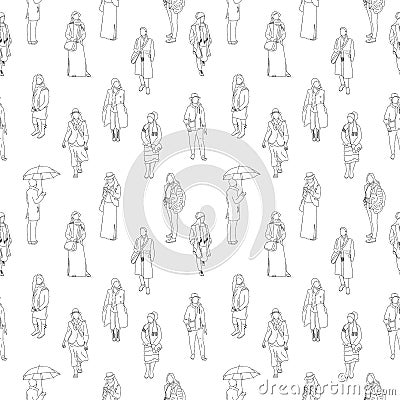 Black and white monochrome seamless pattern with many walking and standing people in warm clothes. Line art Vector Illustration