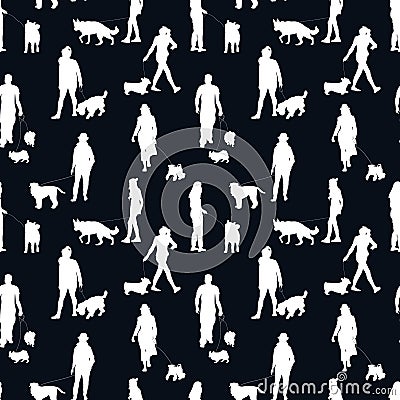 Black and white monochrome seamless pattern with silhouettes of many people walking with dogs. Vector Illustration