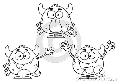 Black And White Monster Cartoon Emoji Character. Collection Vector Illustration