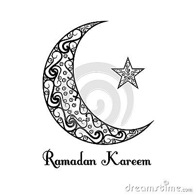 Black and white moon and star poster on white background. Ramadan Kareem. Vector Illustration