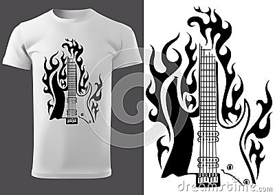 Black and White Motif of Burning Electric Guitar Vector Illustration