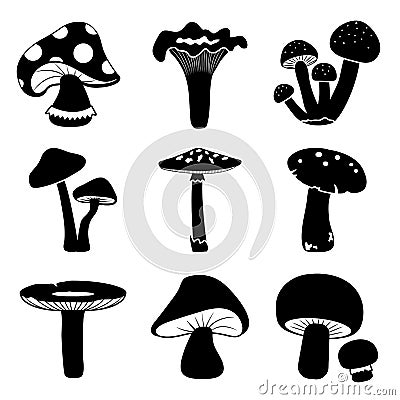 Black and white mushrooms set. Different mushrooms. Vector Cartoon Illustration