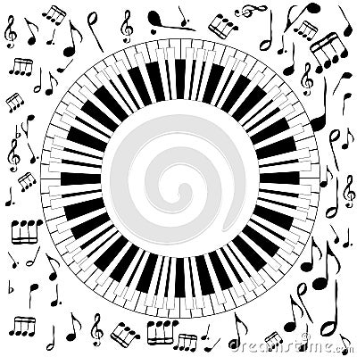 Black and white musical concept with round piano and musical notes Vector Illustration