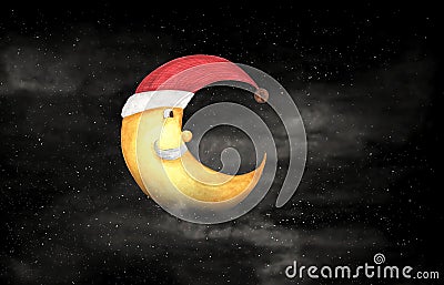 Black and white of night sky with Christmas half moon face and stars. Stock Photo