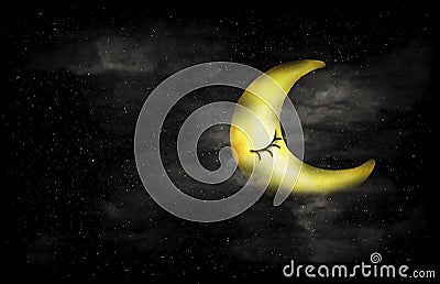 Black and white of night sky with Crescent moon face and stars Stock Photo