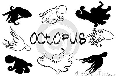 Black and white octopus silhouettes and `octopus` text Vector Illustration