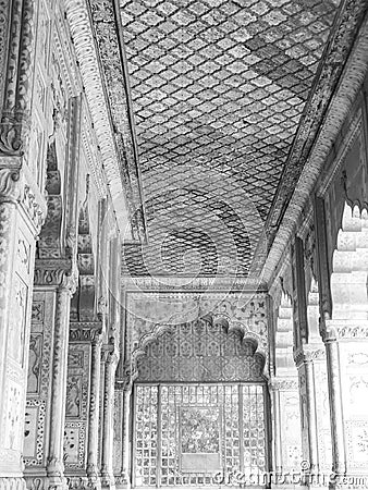 Black & White Old Architecture inside Red Fort in Delhi India during day time, Famous Red Fort Delhi inside view Stock Photo