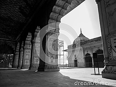 Black & White Old Architecture inside Red Fort in Delhi India during day time, Famous Red Fort Delhi inside view Stock Photo