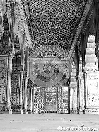 Black & White Old Architecture inside Red Fort in Delhi India during day time, Famous Red Fort Delhi inside view Stock Photo