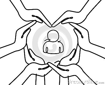 Black and white one line hands form a heart around a person or employee pictogram Vector Illustration