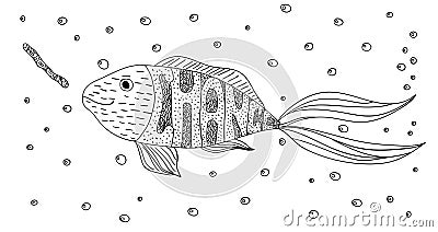 Black and white ornament creative motivational fish and worm in the sea with bubbles design decorative lace. Your chance. Page col Cartoon Illustration