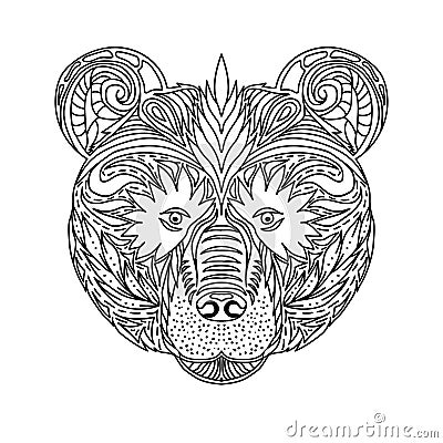 Black and white ornament faces wild beast of the forest bear, ornamental lace design. Page for adult coloring books. Hand drawn in Cartoon Illustration