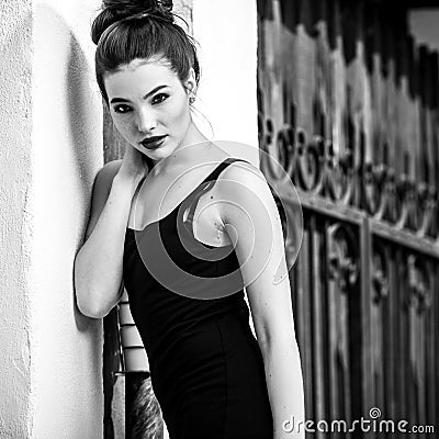 Black-white outdoor portrait of beautiful emotional young brunnete woman Stock Photo