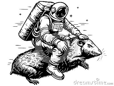 Black and white, astronaut flies on a mole, coloring book style. Raster, generative ai. Stock Photo
