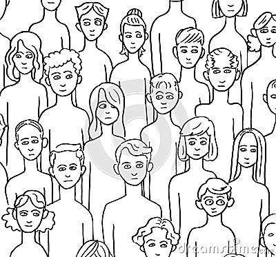 Black and white outline drawing hand-drawn crowd of a crowd of various people men and women background Stock Photo