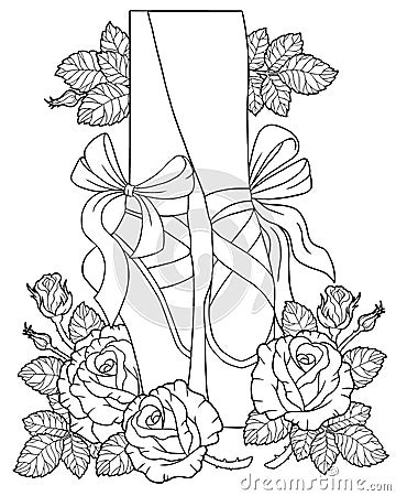 Black and white outline vector coloring book for adults. Legs of a ballerina in pointe shoes among the flowers of roses with Vector Illustration