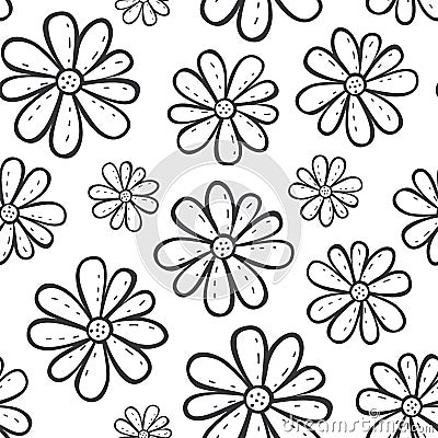 Black and white outlined flowers seamless pattern Vector Illustration