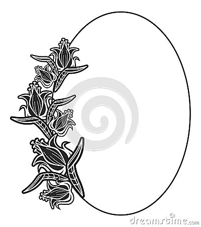 Black and white oval label with flowers. Stock Photo