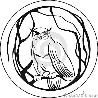 Black and white owl sitting on a branch tree circular Vector Illustration