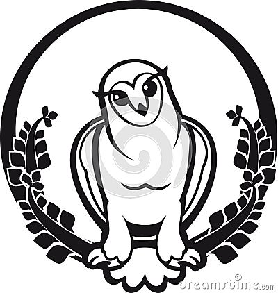 Black and white owl sitting label circular draw Vector Illustration