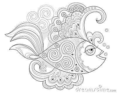 Black and white page for coloring book. Fantasy drawing of beautiful fairyland fish with Celtic ornament. Pattern for print. Vector Illustration