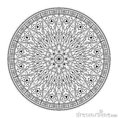 Black and white page for coloring book. Fantasy drawing of Gothic rose window with stained glass. Medieval architecture in western Vector Illustration