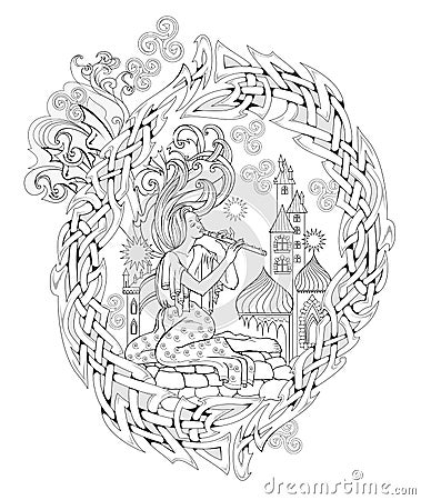 Black and white page for coloring book. Fantasy fairy playing the flute. Ancient legend illustration. Celtic knot decoration. Vector Illustration