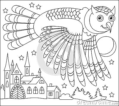 Black and white page for coloring. Drawing of owl flying at night. Worksheet for children and adults. Vector Illustration