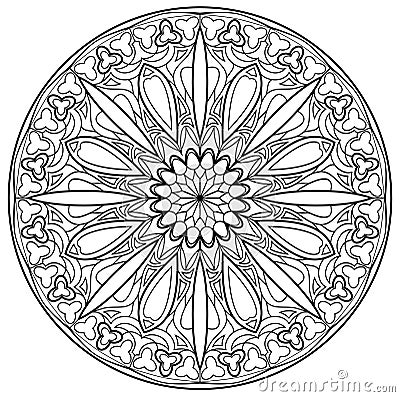 Black and white page for coloring. Fantasy drawing of beautiful Gothic rose window with stained glass in medieval style. Vector Illustration