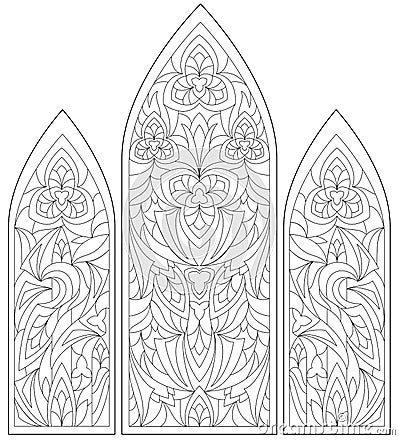 Black and white page for coloring. Fantasy drawing of beautiful Gothic windows with stained glass in medieval style. Vector Illustration